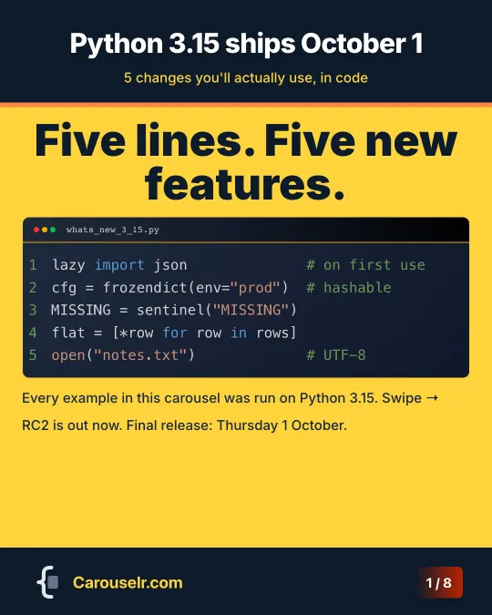 Cover: Python 3.15 ships October 1. Five lines of code, one per new feature.