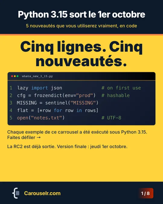 Couverture : Python 3.15 sort le 1er octobre. Cinq lignes de code, une par nouveauté.