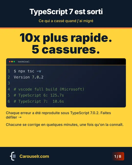 Couverture : TypeScript 7 est sorti. 10x plus rapide, 5 cassures, avec tsc -v qui affiche 7.0.2 et les temps de build de VS Code, 125,7 s sous TypeScript 6 et 10,6 s sous la 7.