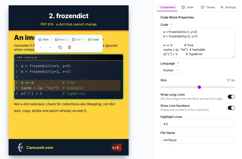 The Carouselr editor with a code block selected on a frozendict slide. The side panel shows Python, size 31 px, and highlight lines 4 and 5.