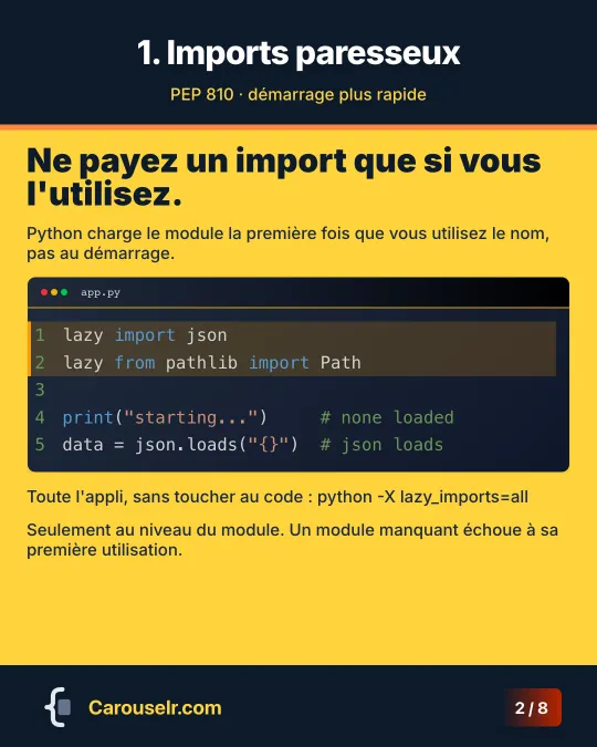 Imports paresseux : lazy import json et lazy from pathlib import Path, chargés à la première utilisation.