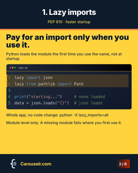 Lazy imports: lazy import json and lazy from pathlib import Path, loaded on first use.