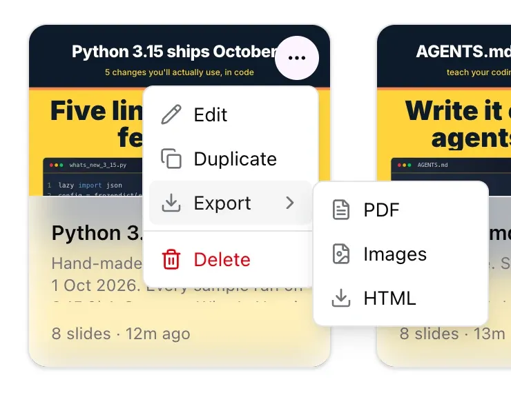 A project card's menu open, with Export expanded to PDF, Images and HTML.