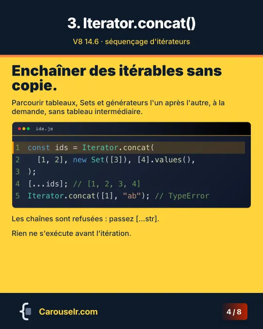 Iterator.concat : enchaîner un tableau, un Set et un itérateur en 1, 2, 3, 4 ; une chaîne en argument lève une TypeError.