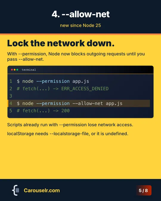 --allow-net: with --permission, fetch is denied until you add --allow-net.