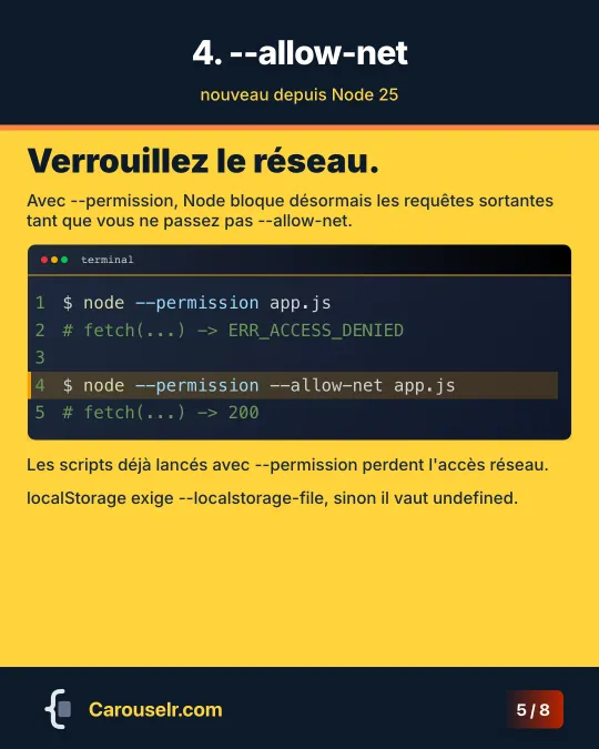 --allow-net : avec --permission, fetch est refusé tant qu'on n'ajoute pas --allow-net.