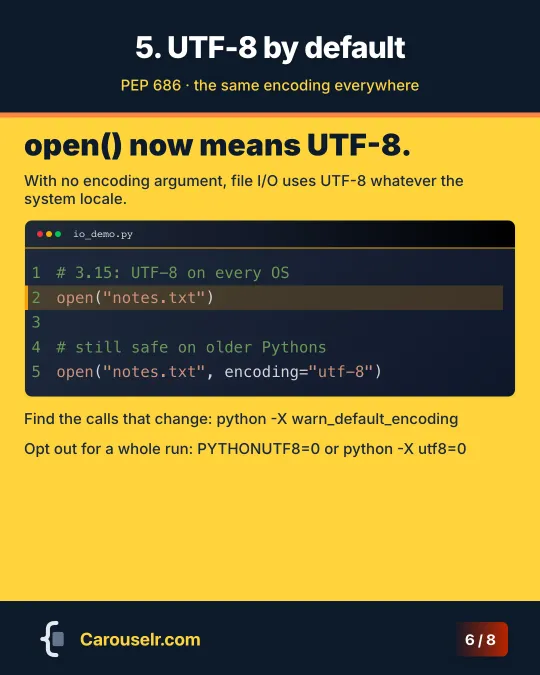 UTF-8 by default: open() without an encoding, and with encoding='utf-8'.