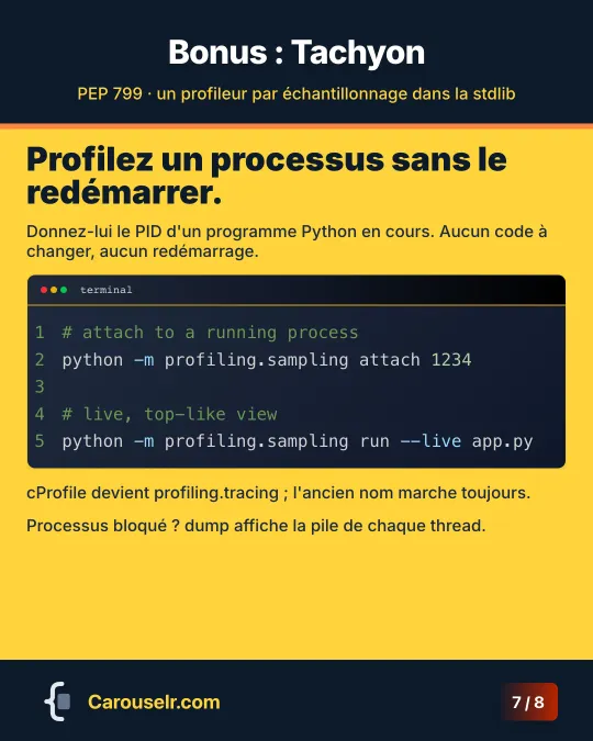 Le profileur Tachyon qui s'attache à un processus en cours par son PID.