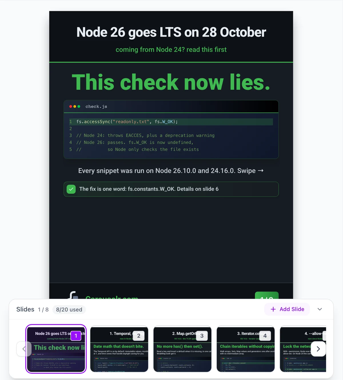 The Carouselr editor showing a slide with a highlighted code block and the slide strip below it.