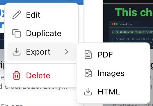 The Export menu of a carousel in Carouselr, offering PDF, Images and HTML.