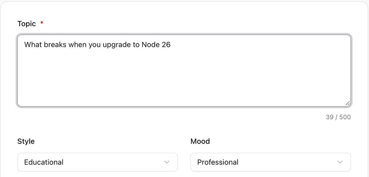 The Generate with AI form in Carouselr, with the topic 'What breaks when you upgrade to Node 26' typed in.