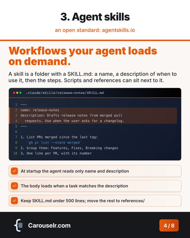 Slide 4: 3. Agent skills. Workflows your agent loads on demand. Code block: .claude/skills/release-notes/SKILL.md.