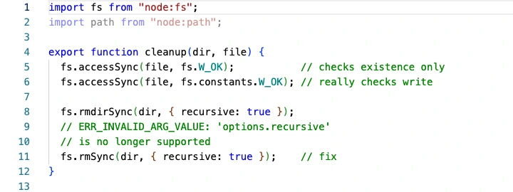 A light editor screenshot of cleanup.js: thirteen lines of JavaScript, no title, no highlighted line.