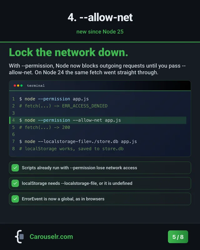 Slide 5: 4. --allow-net. Lock the network down. Code block: terminal.