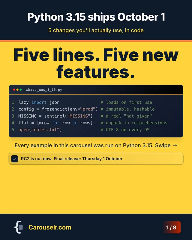 Slide 1: Python 3.15 ships October 1. Five lines. Five new features. Code block: whats_new_3_15.py.