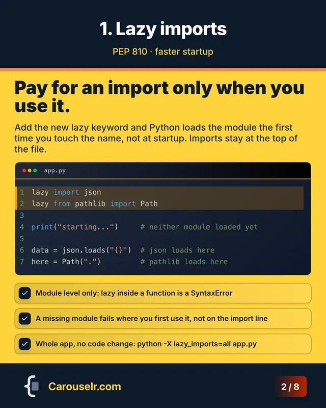 Slide 2: 1. Lazy imports. Pay for an import only when you use it. Code block: app.py.