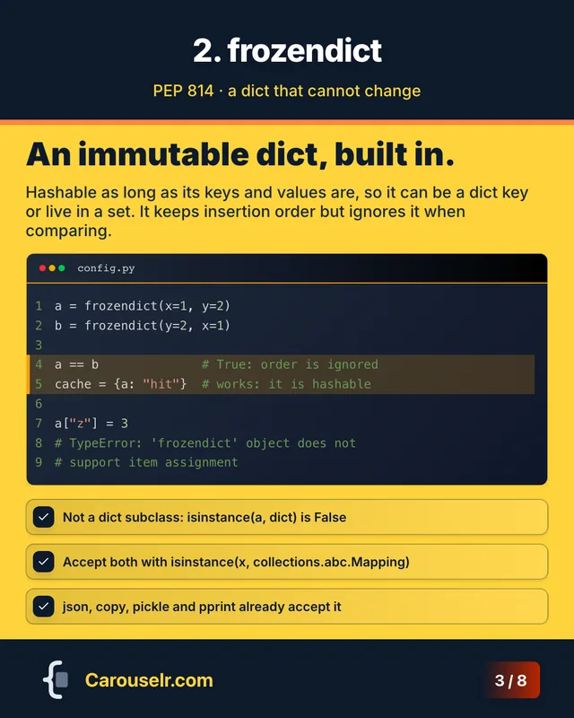 Slide 3: 2. frozendict. An immutable dict, built in. Code block: config.py.