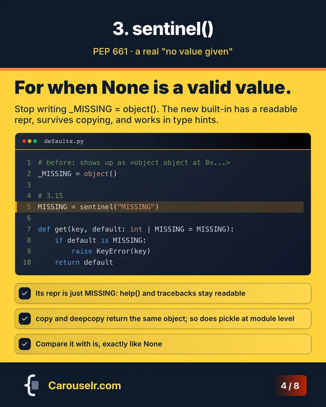 Slide 4: 3. sentinel(). For when None is a valid value. Code block: defaults.py.