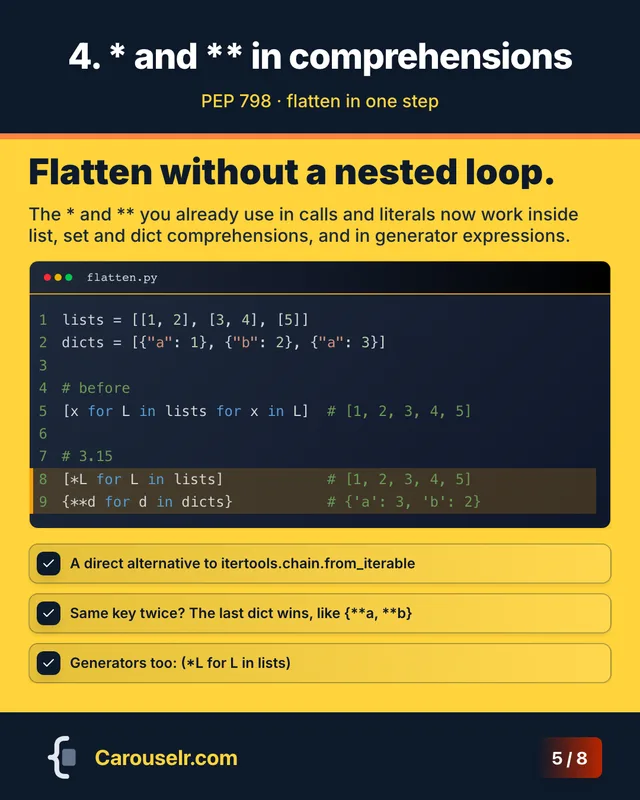 Slide 5: 4. * and ** in comprehensions. Flatten without a nested loop. Code block: flatten.py.