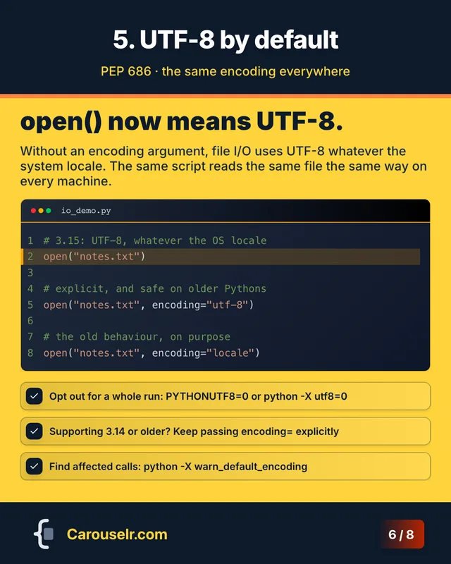 Slide 6: 5. UTF-8 by default. open() now means UTF-8. Code block: io_demo.py.