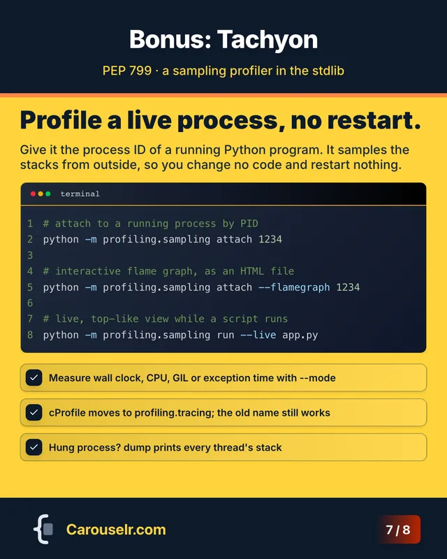 Slide 7: Bonus: Tachyon. Profile a live process, no restart. Code block: terminal.